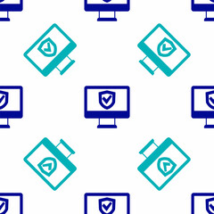 Blue Insurance online icon isolated seamless pattern on white background. Security, safety, protection, protect concept. Vector