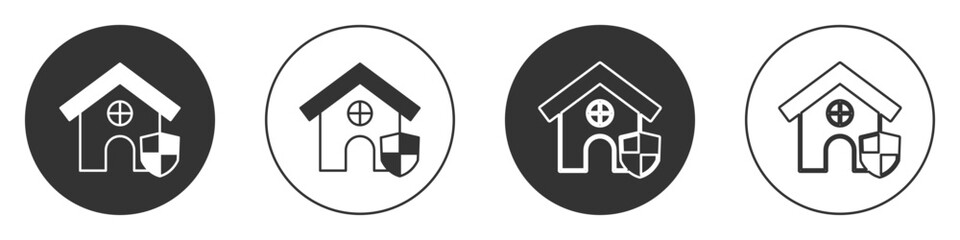 Fototapeta premium Black House with shield icon isolated on white background. Insurance concept. Security, safety, protection, protect concept. Circle button. Vector