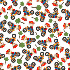 Seamless pattern of cute little fox ride a motorcycle, Can be used for t-shirt print, kids wear fashion design, invitation card. fabric, textile, nursery wallpaper, poster and other decoration.