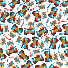 Fototapeta premium Seamless pattern vector of Cute fox cartoon having fun driving off road car go to forest. Creative vector childish background for fabric textile, nursery wallpaper, poster. and other decoration.