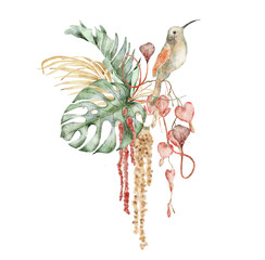 Watercolor tropical exotic bouquet with hummingbird hand drawn illustration © EvgeniiasArt