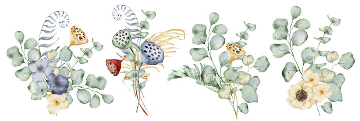 Watercolor bouquet with anemone flowers, eucalyptus and monstera leaves. Hand drawn illustration