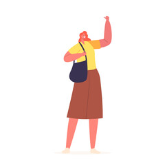 Stylish Caucasian Female Character Wear Yellow Blouse with Short Sleeves, Brown Skirt and Hand Bag Stand with Raised Arm