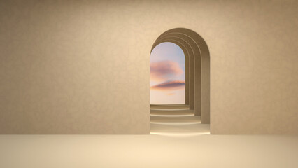 3d Surreal Render Illustration, Abstract Modern Minimal Room Background with Archs, Pastel Toned Clouds, Product Display