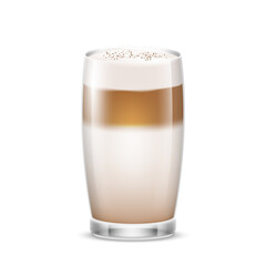 Cappuccino in transparent glass cup. Fresh hot coffee beverage in mug. Coffee with milk and foam