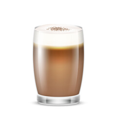 Macchiato in transparent glass cup. Hot coffee beverage in mug. Coffee with milk and chocolate syrup