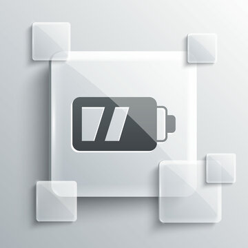 Grey Battery for camera icon isolated on grey background. Lightning bolt symbol. Square glass panels. Vector