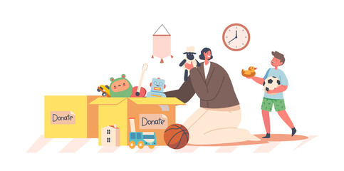 Orphan Social Support, Assistance Concept. Boy and Volunteer Female Character Take Toys from Donation Box, Volunteering