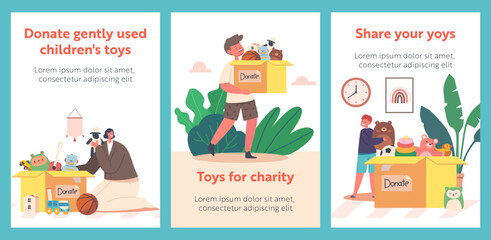 Toys Donation Cartoon Banners, Humanitarian Aid to Orphans Concept. Children and Volunteers Sorting Box with Toys