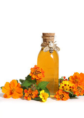 Fresh Local Honey With Honeycomb and Flowers on White Background