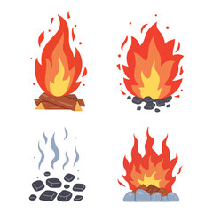 Campfire different types. Vector burning bonfire frames. Camping fire collection. Fireplace with fire coals or woodfire in cartoon style set. Vector illustration