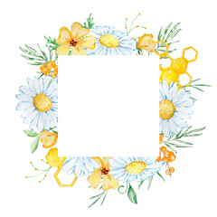 Square frame with watercolor chamomile and honeycomb