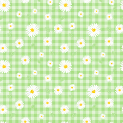 seamless pattern white flower on green grid pattern