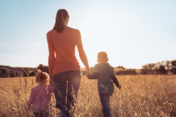 Mother and children walking in nature field at sunset. Family parenting, and motherhood concept. 