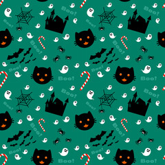 seamless pattern black cat and castle of ghost.