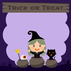 halloween background with little witch and her friends