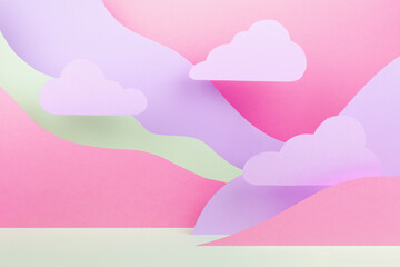 Fototapeta na wymiar Fantasy cartoon landscape as abstract scene mockup with paper pink clouds, mountains in pink, lilac, white color. Background for advertising, design, card, presentation of cosmetic, goods, poster.