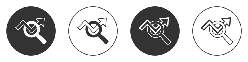Black Magnifying glass and data analysis icon isolated on white background. Search sign. Circle button. Vector