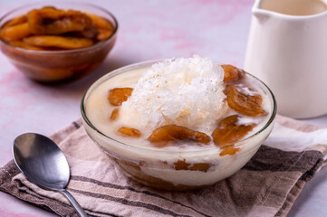 Saging con Hielo- is a famous Filipino dessert and is basically banana in caramel sauce topped with shaved ice and evaporated milk.