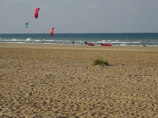 kite surfing on the sea by the normandy beach france