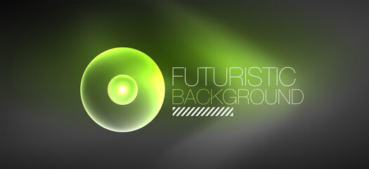 Shiny neon geometric abstract background. Glowing lights on round shapes, triangles and circles. Wallpaper for concept of AI technology, blockchain, communication, 5G, science, business