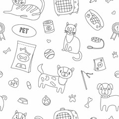 Seamless pattern with dog and pet accessories: bones, food, leash. For decoration of dog and cat themes. Vector illustration in doodle style.