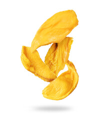 Delicious dried mango in the air closeup isolated on a white background