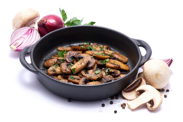 black ceramic bowl with fried mushrooms isolated on white background