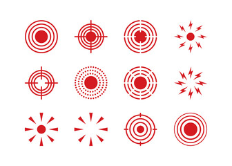 Pain point icons set. Pain red circles mark. Target spot symbols for medical design. Concept killer for headaches, abdominal aches. Editable stroke. Vector illustration isolated on white background.