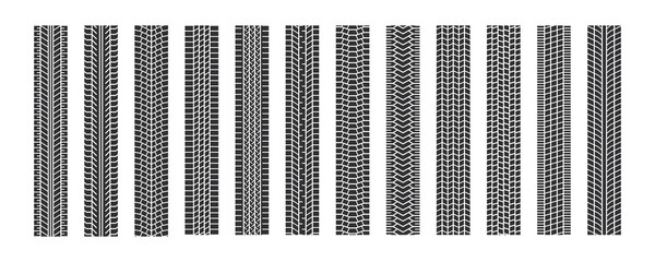 Auto tire tread seamless elements. Car tire patterns, wheel tyre tread track. Tyre print. Set of vector illustrations isolated on white background. - obrazy, fototapety, plakaty