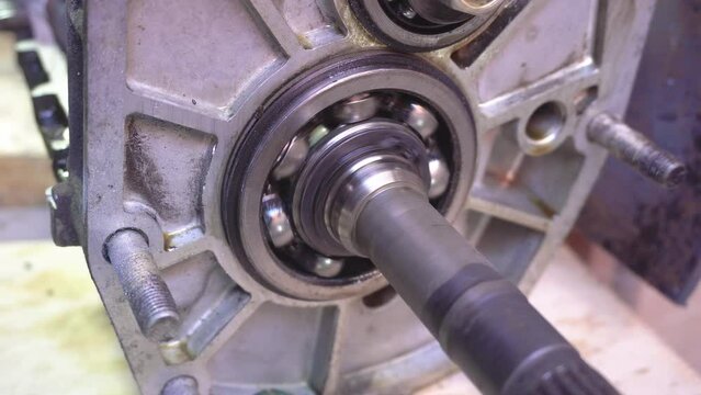 The bearing rotates in the crankcase. The half shaft rotates on the motor. Ball bearing in the engine.