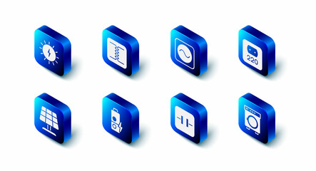 Set Electrical transformer, AC voltage source, outlet, Washer, Electrolytic capacitor, Battery charge, Solar energy panel and icon. Vector