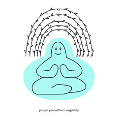 
A modern linear and simple poster of psychological health. The concept of finding and preserving one's own identity. An anthropomorphic being in the lotus position in an aura of bad thoughts - obrazy, fototapety, plakaty
