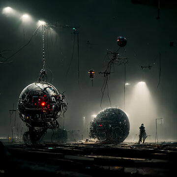 a robotic slightly spherical thing with lots of line surface and silhoutte details and wires, concept art, dark, upstage lighting, cinematic, with an abonded industrial interior in the background, art