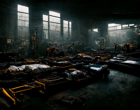an epic abonded factory interior with the dead bodies on the floor, dark, octane render, epic composition, cinematic, dramatic lighting, ultrawide, moody, ultra detailed, concept art
