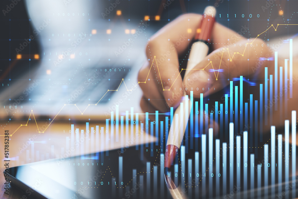 Poster businessman hands using tablet with digital pen and abstract glowing and growing business graph holo