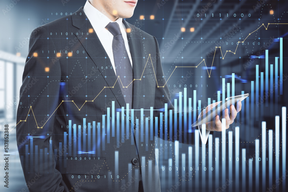 Poster businessman hand using cellphone with abstract glowing and growing business graph hologram on blurry