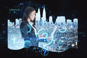 Attractive thoughtful young european businesswoman with laptop and abstract city hologram, question marks and business chart. Smart city and future concept. Double exposure.