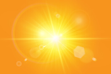 Warm sun on a yellow background. Leto.bliki solar rays.Оrange yellow background.