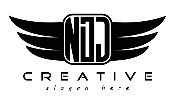 NDJ three Letter Wings minimalist creative concept flag Flying abstract Initial wing symbol icon professional logo design, Vector template