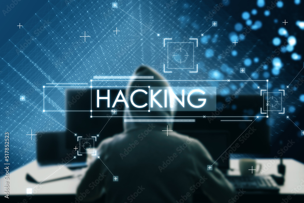 Poster Back view of hacker at desktop using computers with blue global security and hackig hologram with polygonal dots and connections. Malware, safety and phishing concept. Double exposure.