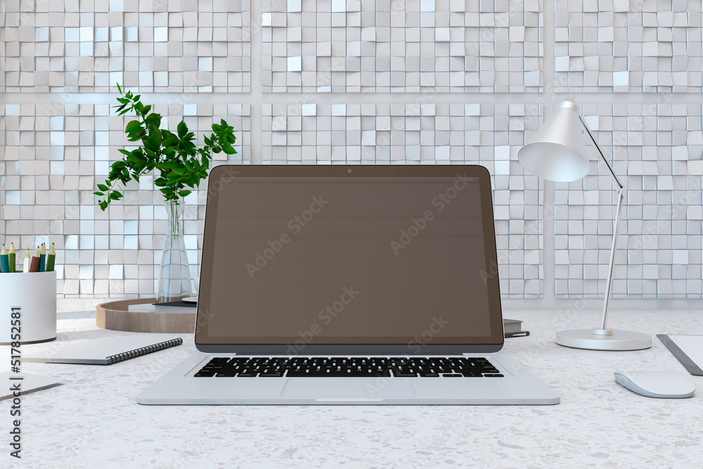 Poster Close up of modern designer desktop with empty laptop screen, lamp, supplies various other objects and shiny light tile wall background. 3D Rendering.