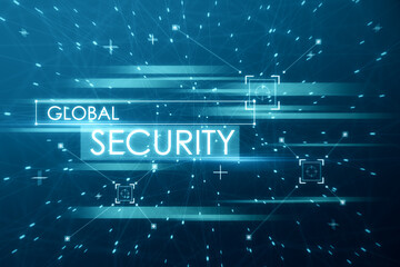Naklejka na ściany i meble Creative blue global security and hackig wallpaper with polygonal dots and connections. Malware, safety and phishing concept. 3D Rendering.