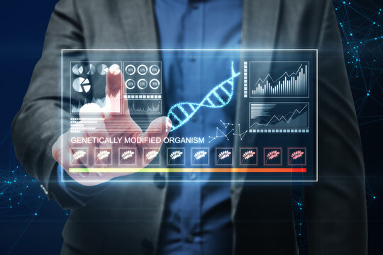  Close up of businessman hand pointing at holographic projection. Futuristic medicine research gene therapy health analysis laboratory chemistry illustration. Hologram on blurry blue background. - Powered by Adobe