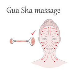 Chinese massage with Gua Sha stones. Lines of massage on the face,  illustration - 517853111