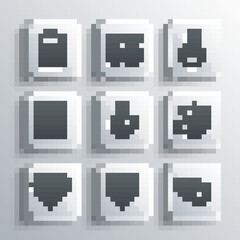 Set Broken heart or divorce, Two Linked Hearts, hand, Bottle with love potion, Candy shaped box, Condom package, Valentines day flyer and icon. Vector