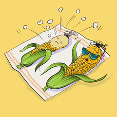 Two corn lying on the beach. One of them overheated. It turned out popcorn