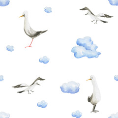 Seamless watercolor clouds and seagulls on white background
