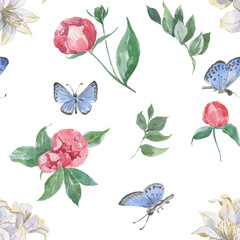 Seamless pattern of leaves, peonies and blue butterflies