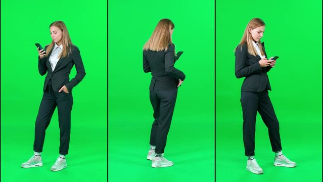 Split screen video from different angles, businesswoman in a suit standing on chroma key background, female using smartphone and surfing internet, green background, chromakey template.